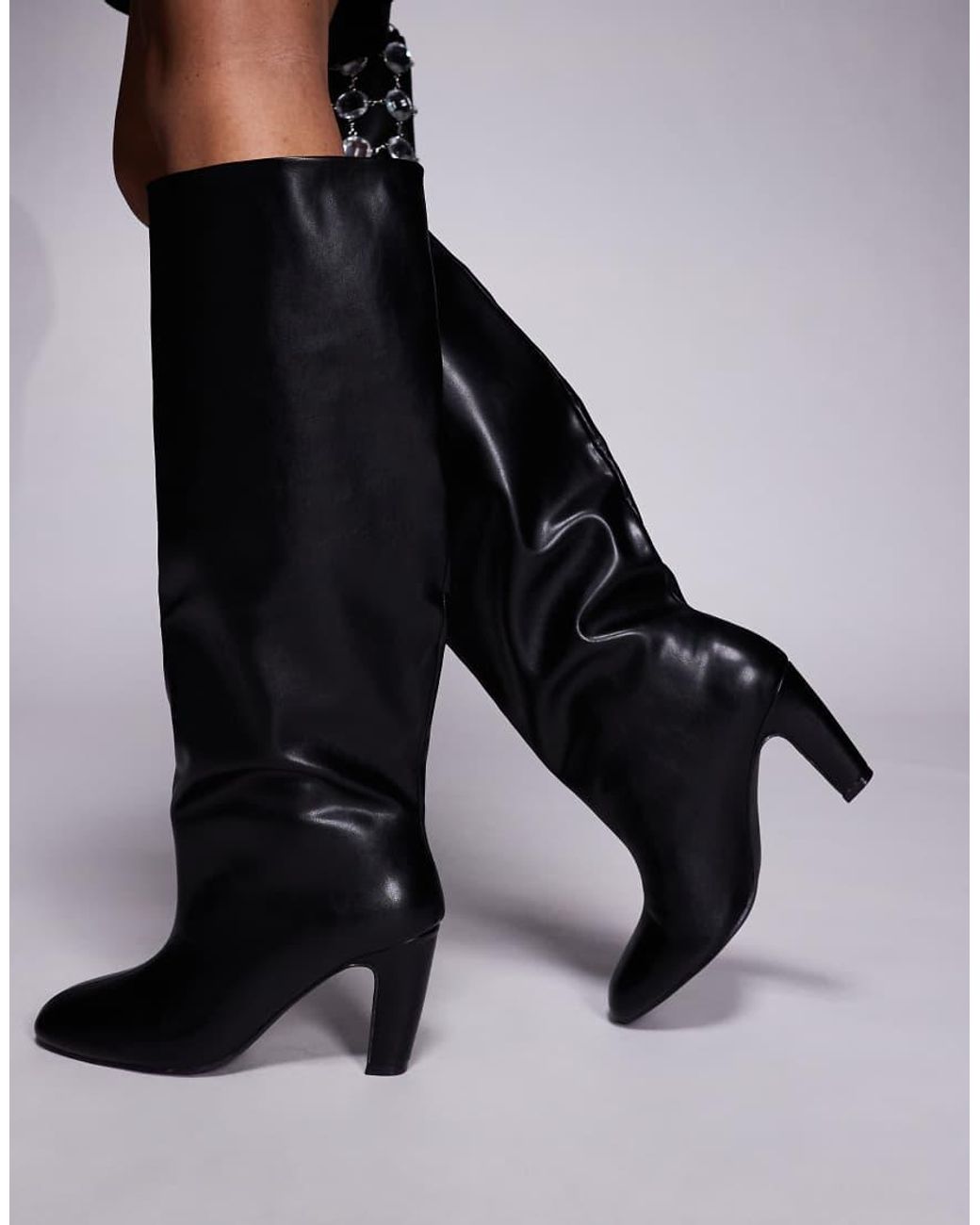 Public Desire White Heeled Round Toe Knee Boots