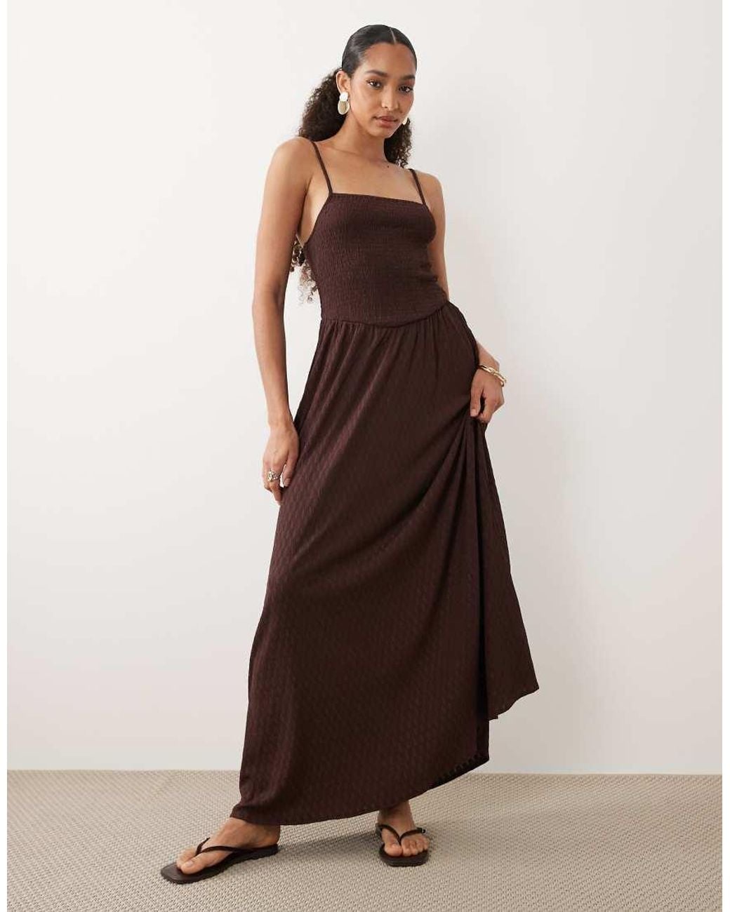 Brave Soul Brown Textured Jersey Dress With Shirred Bodice