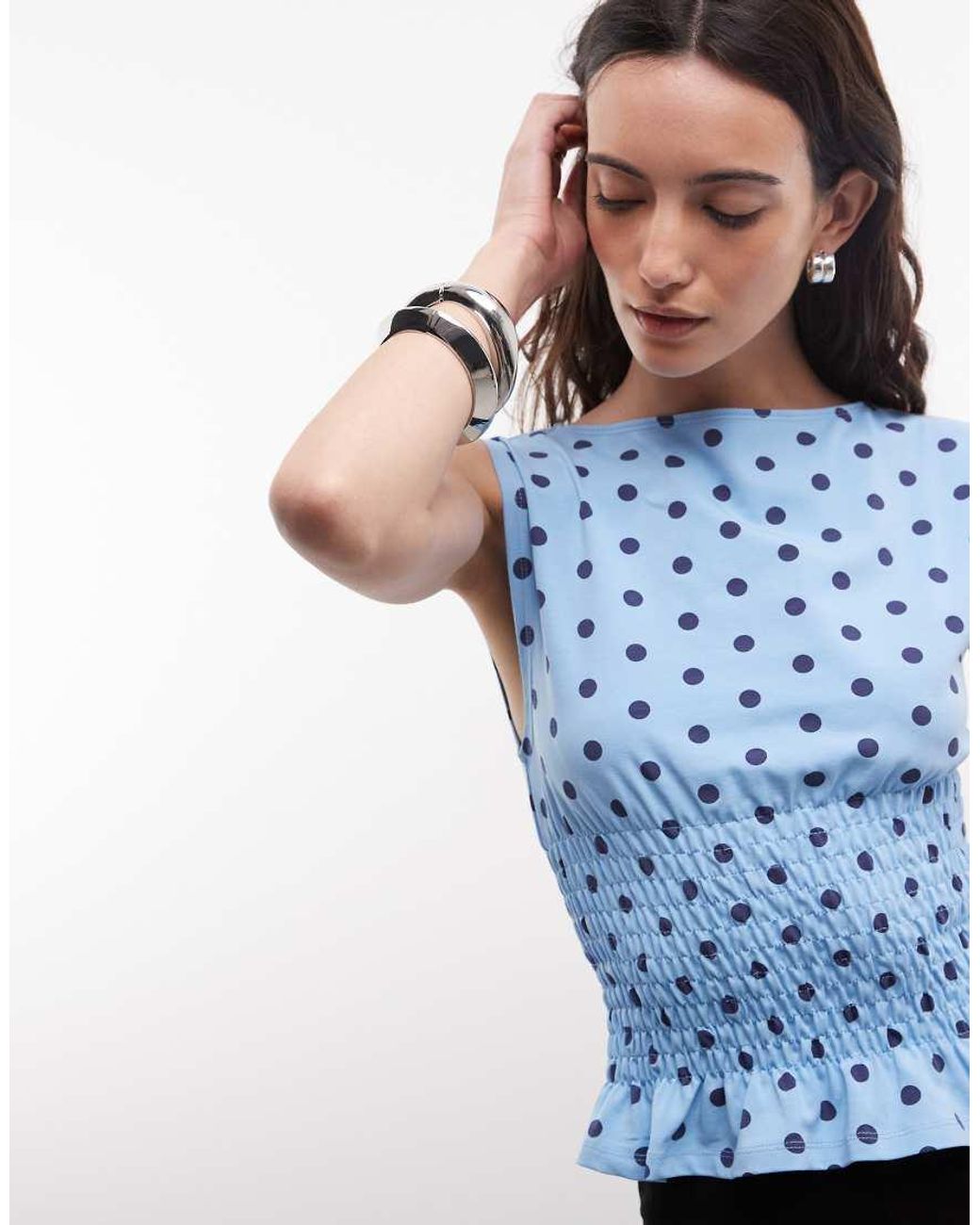 Collusion White Shirred Slash Neck Polkadot Top