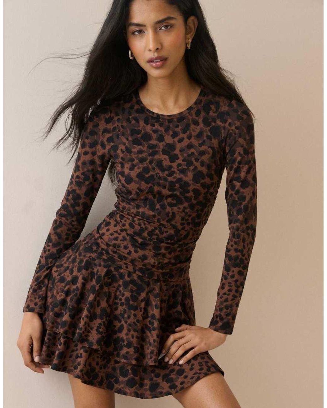 Nobody's Child Brown Leopard Print Long Sleeve Yuki Mini Dress