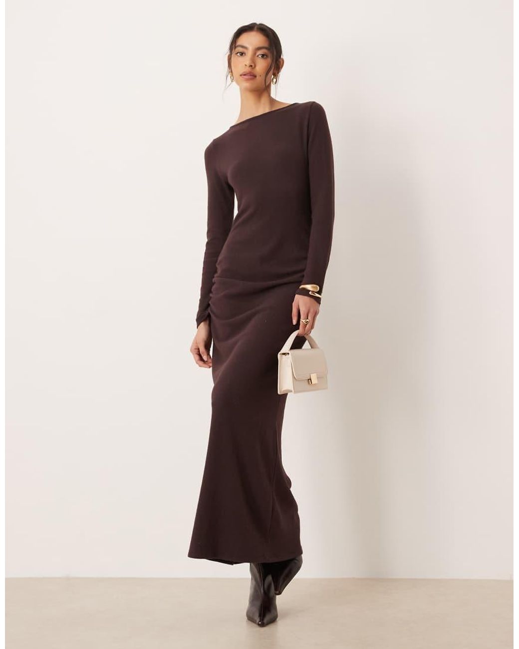 ASOS Natural Super Soft Slashed Neck Ruched Maxi Dress