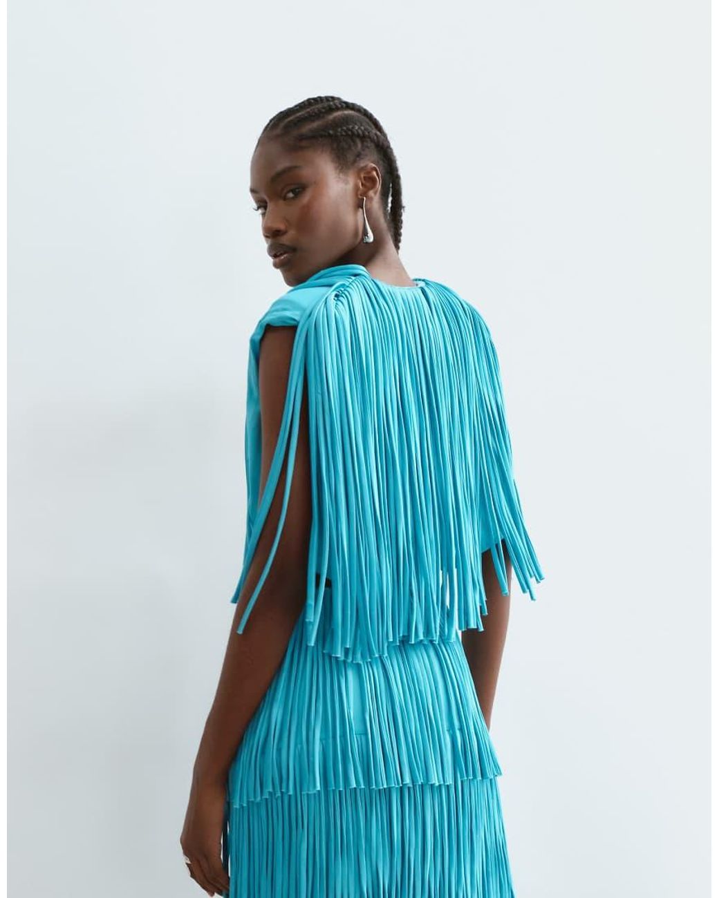 ARRANGE Blue Tiered Fringe Square Cut Top Co Ord
