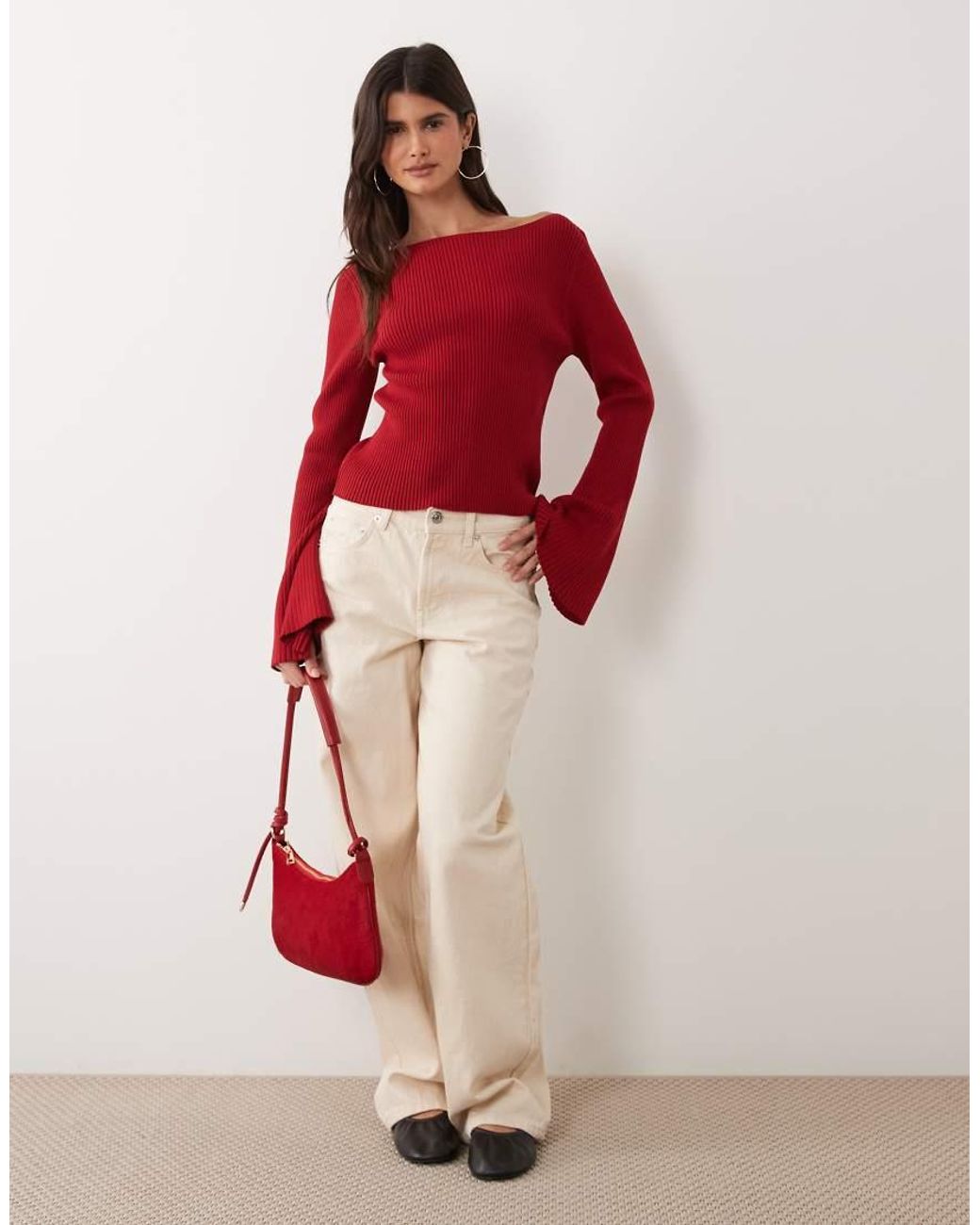Miss Selfridge Red Rib Knit Slash Neck Flare Sleeve Top