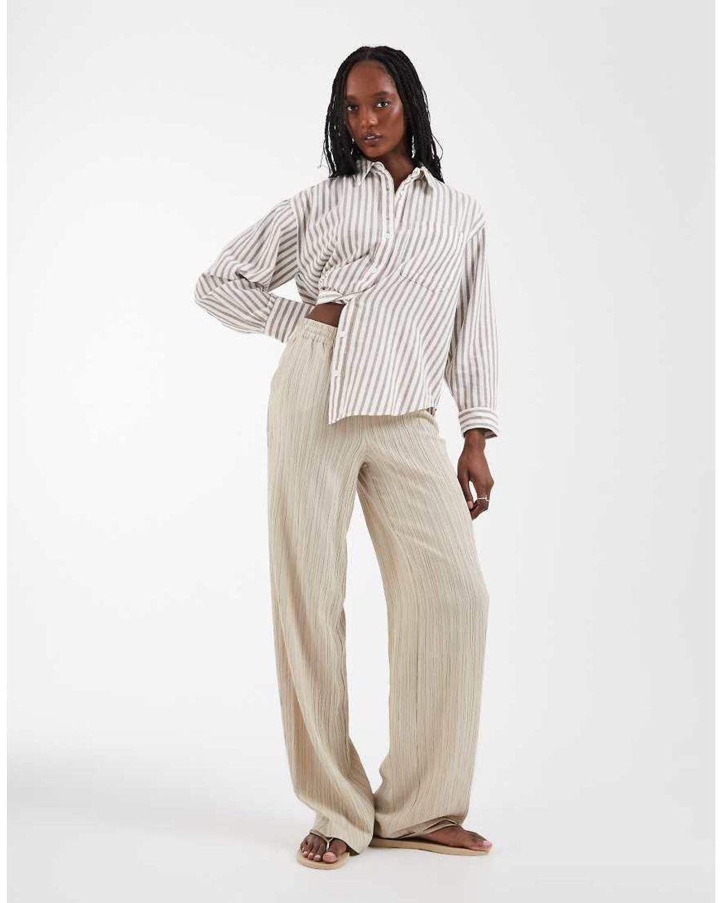 ONLY White Wide Leg Crinkle Textured Trousers