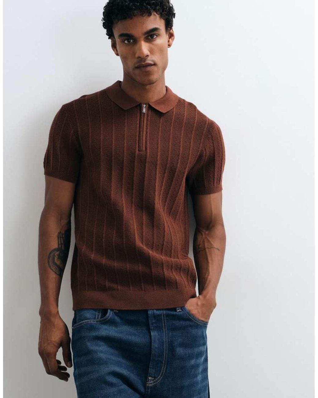 New Look Brown Short Sleeve Quarter Zip Texture Polo for men