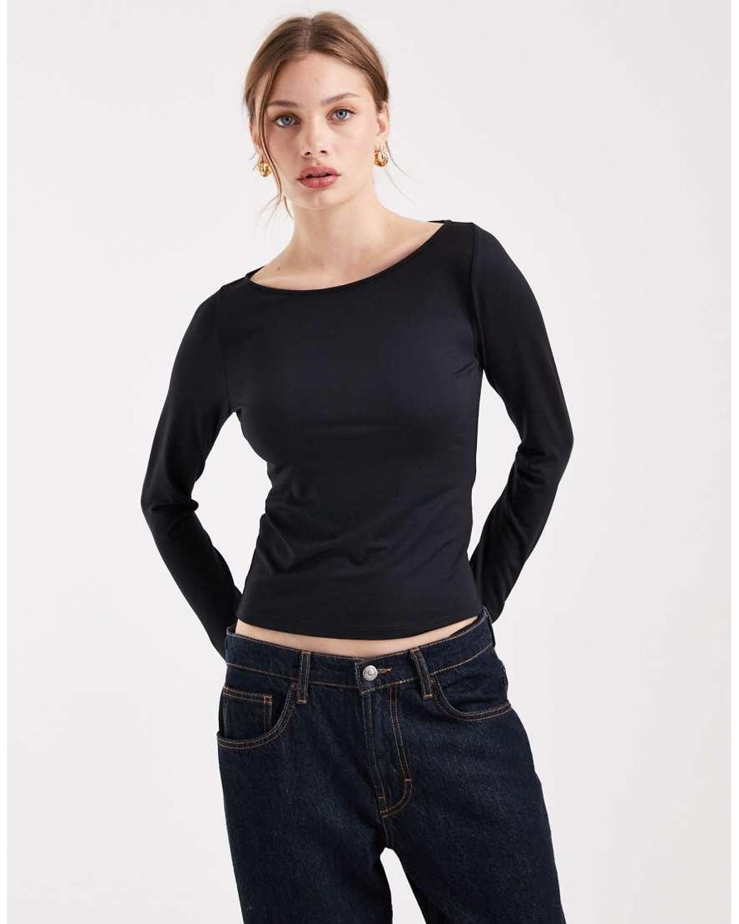Hollister Blue Long Sleeve Slash Neck Seamless Top