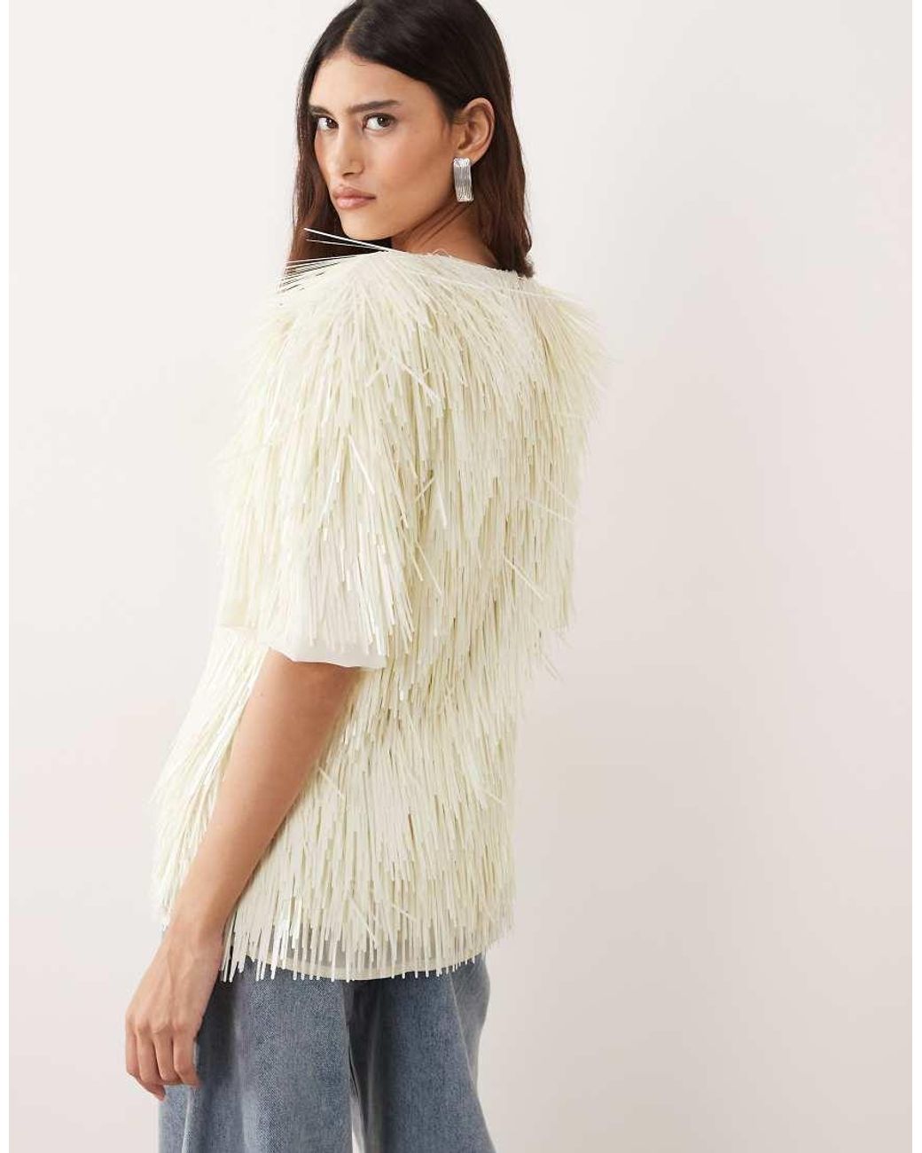 ARRANGE White All Over Shard Sequin Strong Shoulder T-Shirt