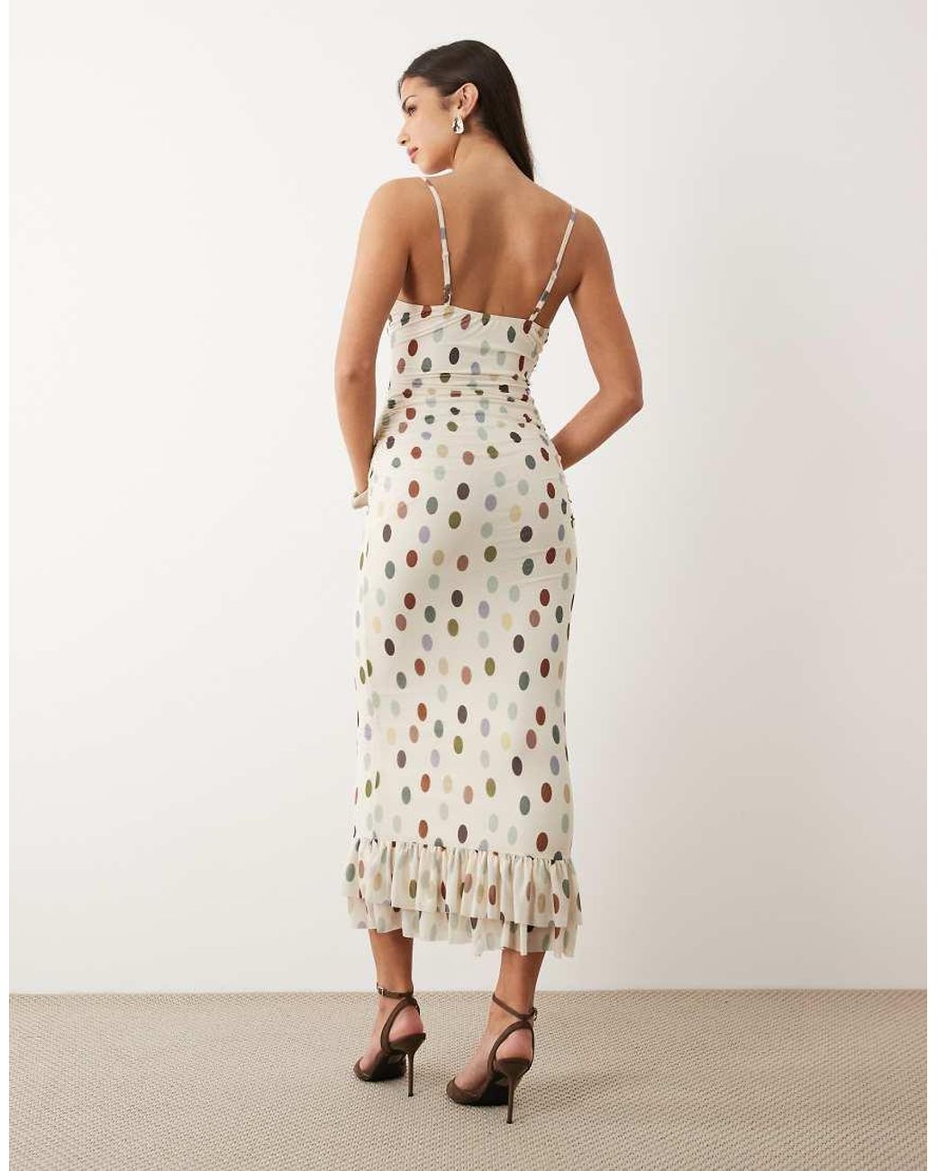 ASOS Natural Printed Polka Dot Stretch Chiffon Midi Dress With Frill Bust Detailing