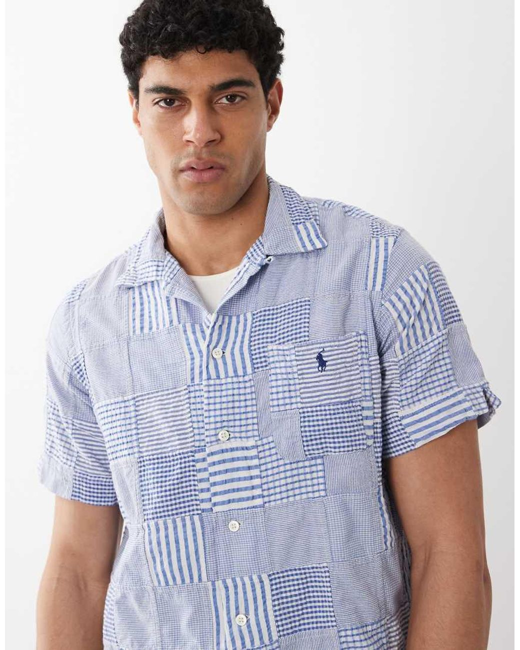 Polo Ralph Lauren Blue Icon Logo Patchwork Print Short Sleeve Shirt for men