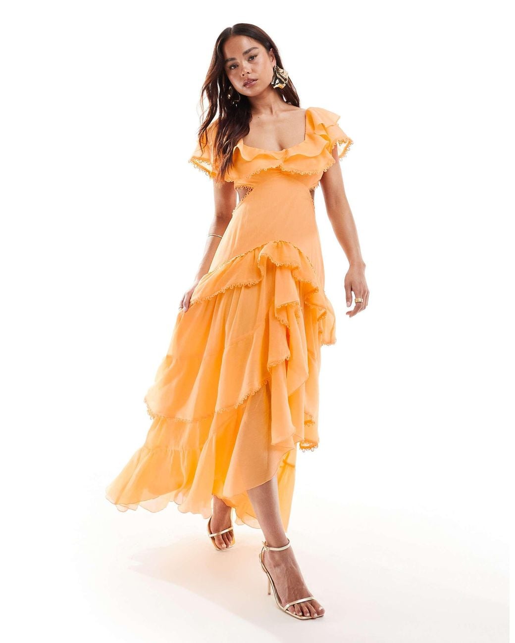 ASOS Flutter Sleeve Maxi Dress With Tiered Skirt And Lace Trim in Orange |  Lyst