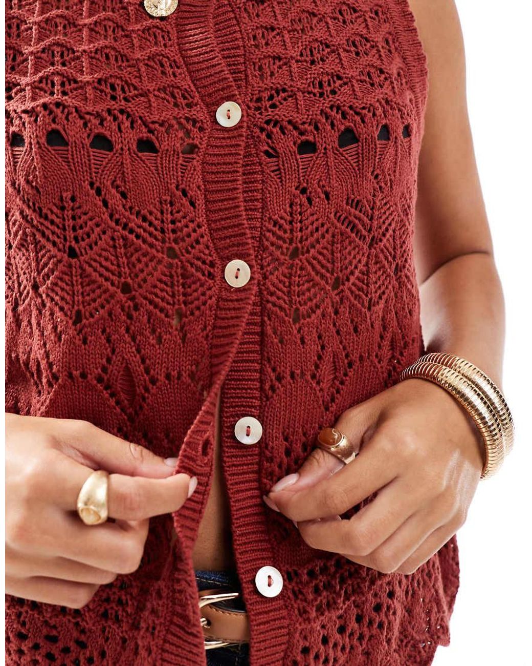Brave Soul Red Open Knit Crochet Waistcoat With Pocket Detail