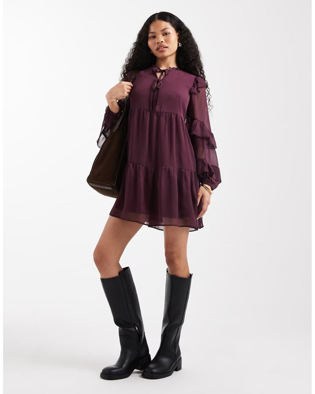 New Look Purple Ruffle Chiffon Long Sleeve Mini Dress