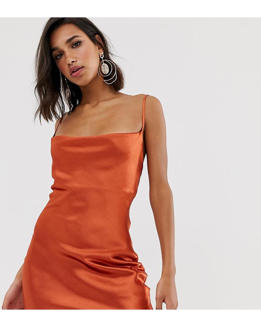 ASOS Cami Mini Slip Dress In High Shine Satin With Lace Up Back in Brown |  Lyst