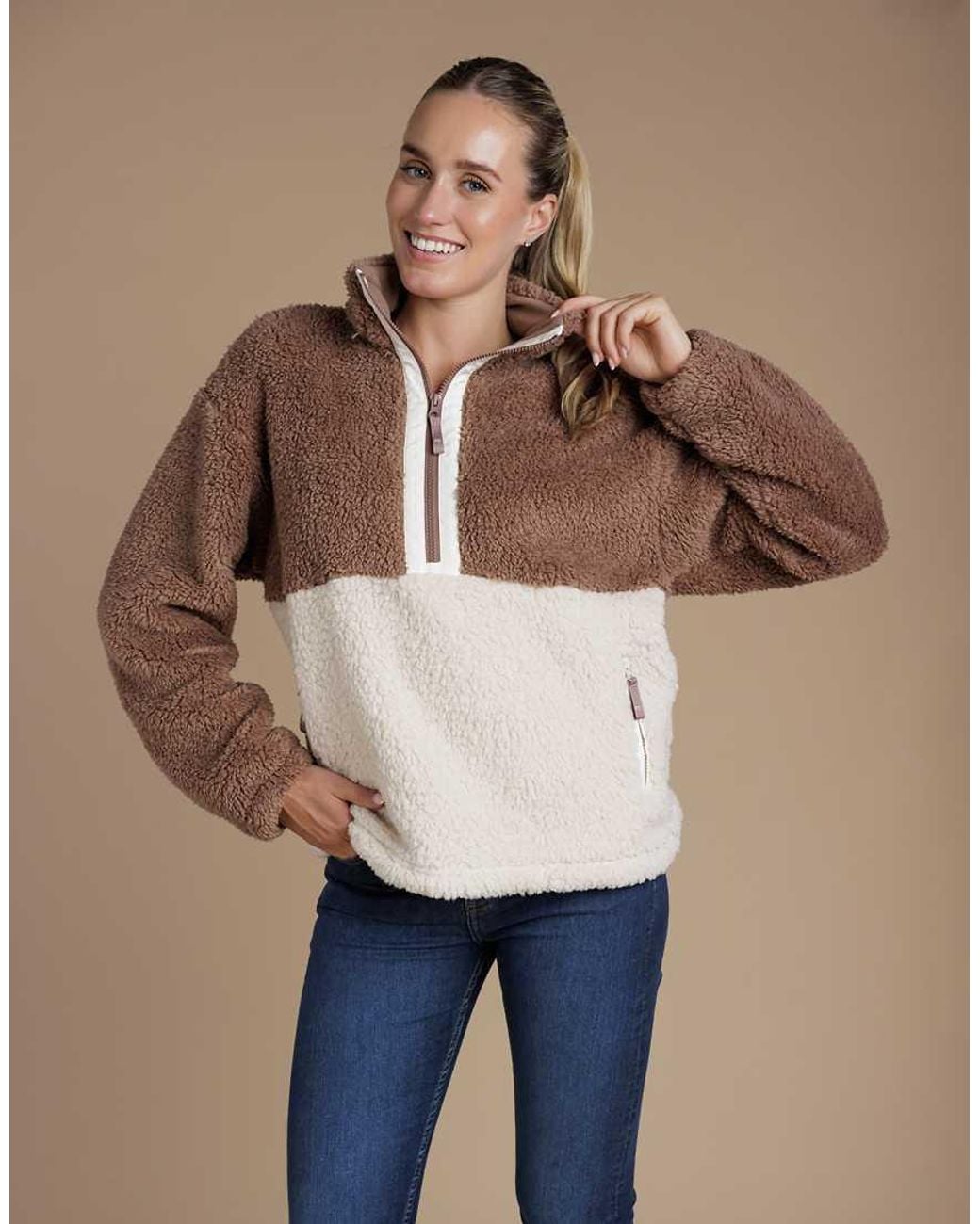 French Connection Natural Borg Colourblock High Neck 1/2 Zip Fleece Pullover