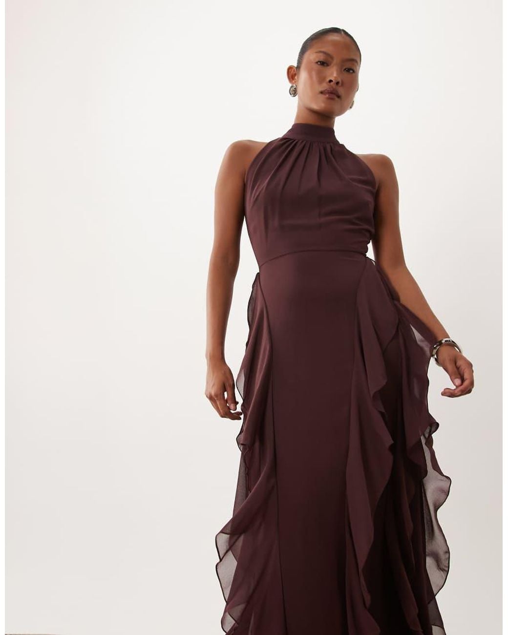 LACE & BEADS Brown High Neck Backless Ruffle Maxi Dress