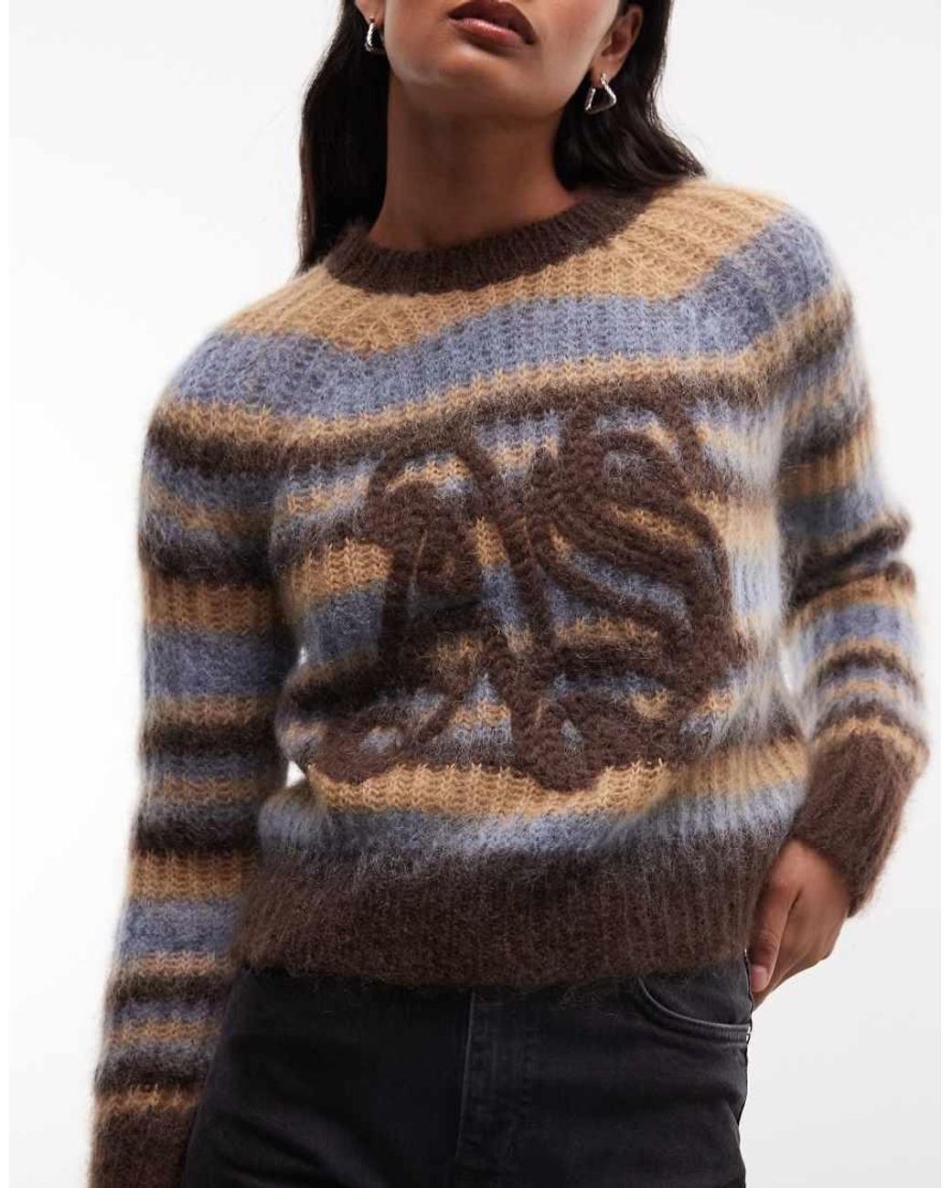 AllSaints Blue Rega Logo Stripe Knit Jumper