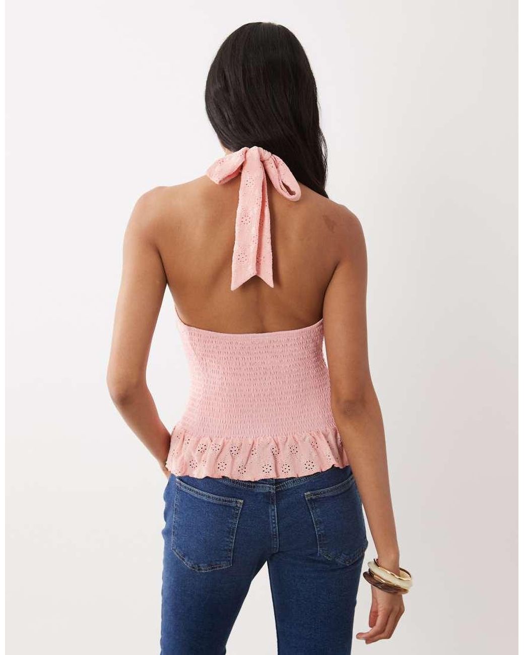 Gina Tricot Pink Halterneck Broderie Anglaise Top