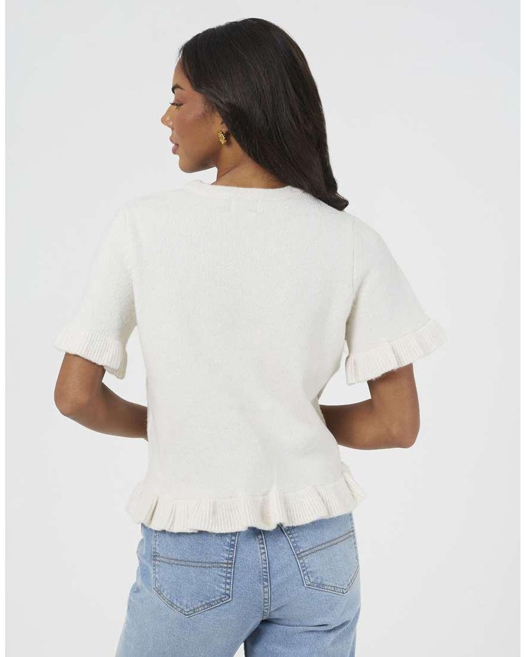 Brave Soul White Short Sleeve Knitted T-Shirt With Frill Detail