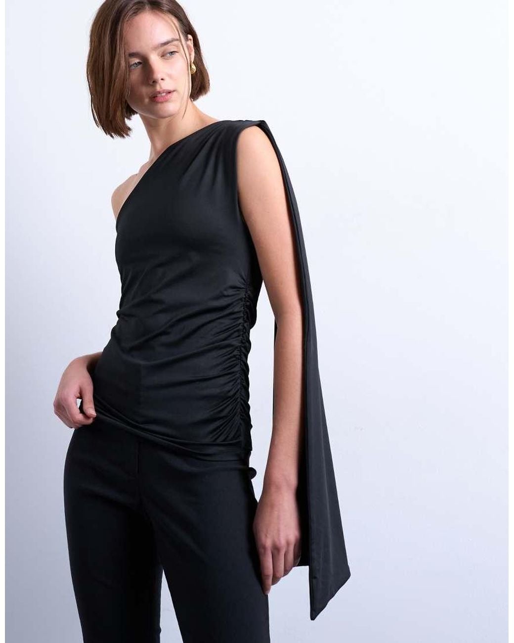 TOPSHOP Blue One Shoulder Cape Detail Top