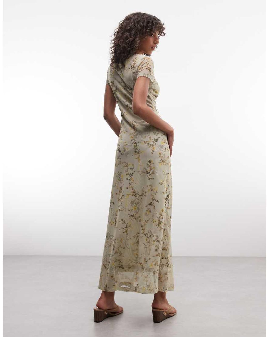 AllSaints Natural Gabby Short Sleeve Gathered Floral Mesh Midi Dress