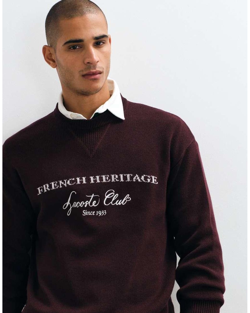 Lacoste Blue Tennis Heritage Back Graphic Jaquard Wool Blend Crew Neck Sweater for men