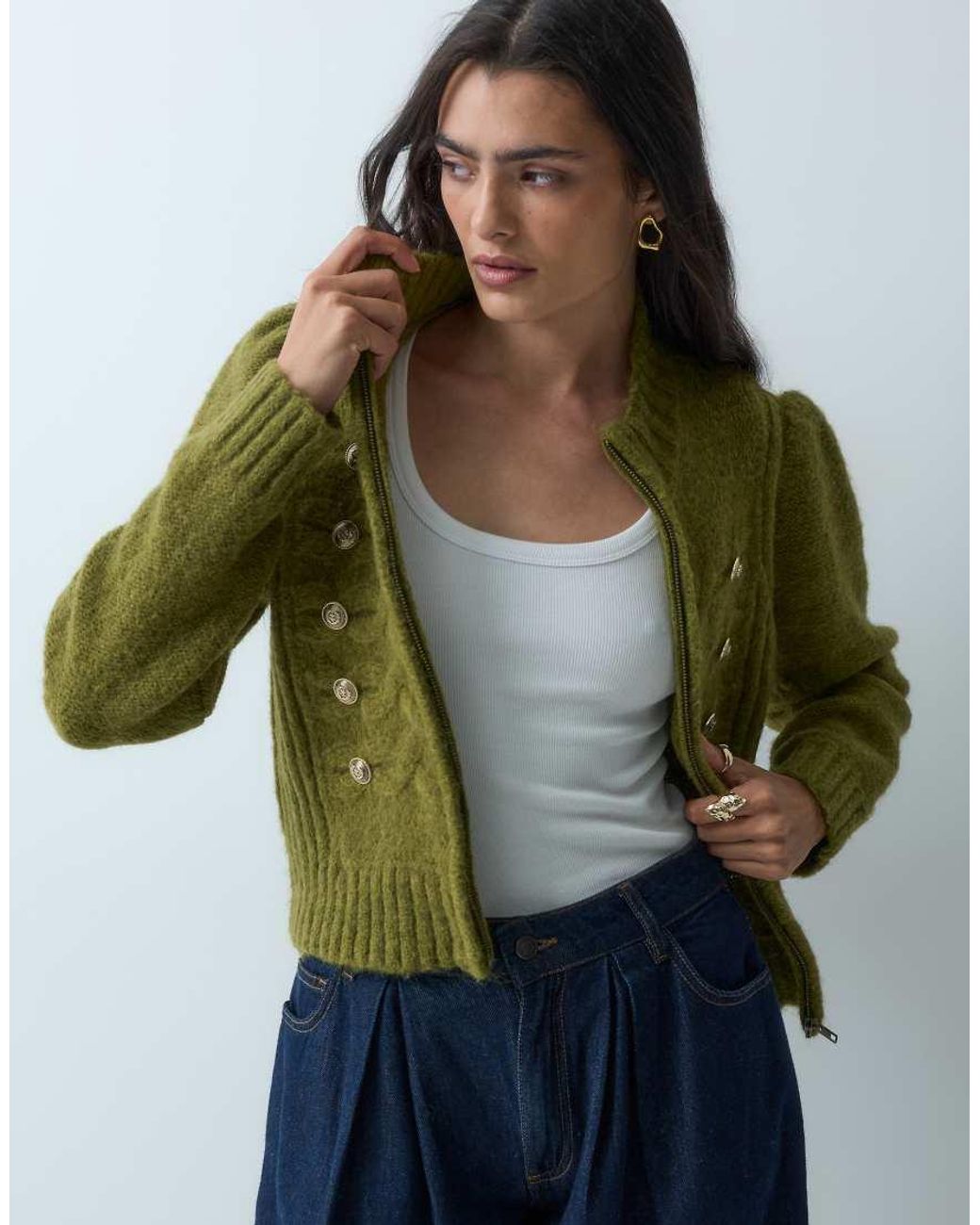 Miss Selfridge Green Knitted Zip Through Cardigan With Military Detail