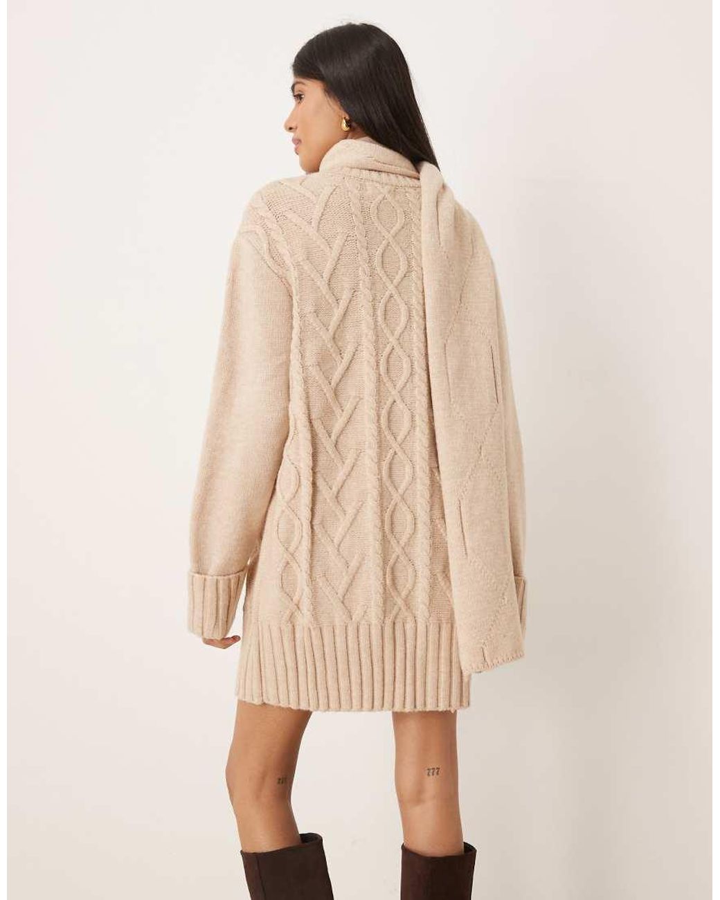 Pretty Lavish Natural Scarf Neck Cable Knit Mini Jumper Dress