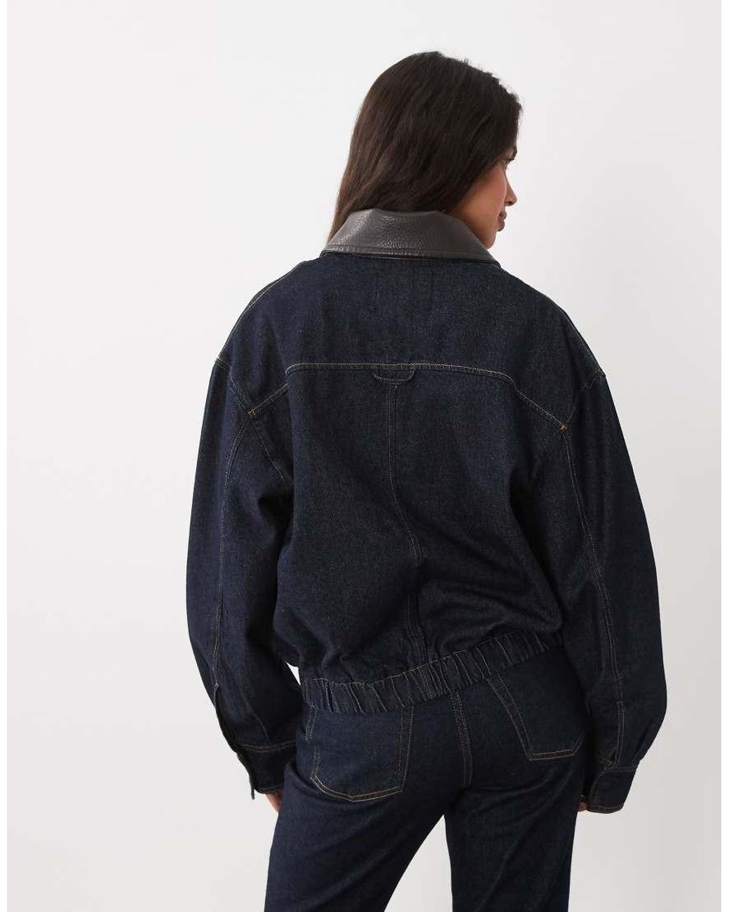 Mango Blue Maya Zip Through Denim Jacket Co-Ord With Faux Leather Collar