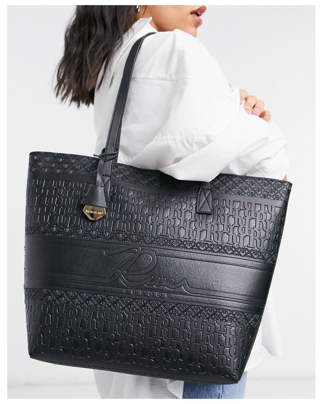 River Island Embossed Monogram Shopper With Pouch in Black Lyst
