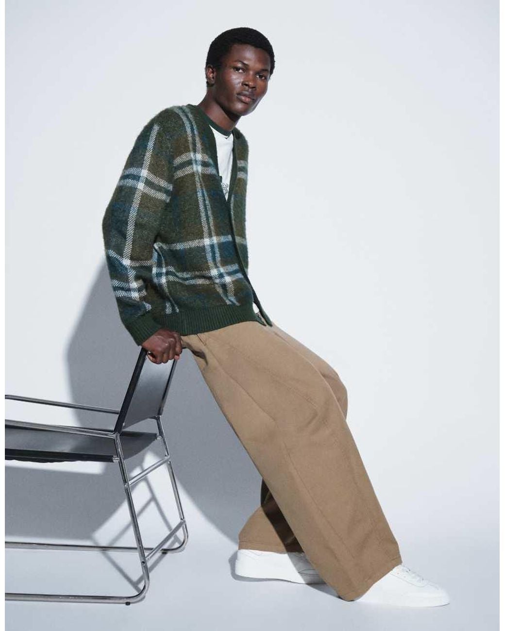 ASOS Green Oversized Knitted Brushed Plaid Cardigan for men