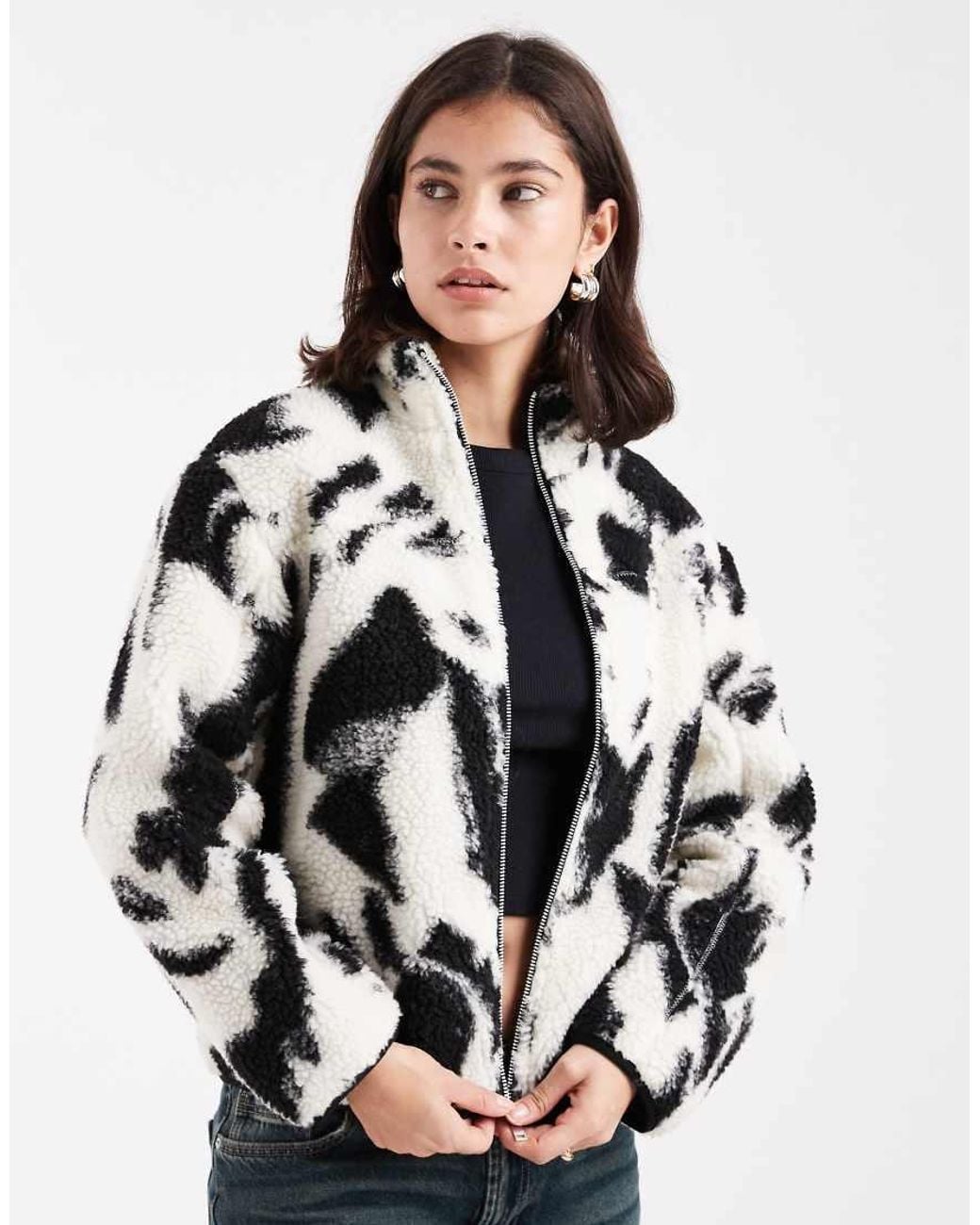New Look White Abstract Print Borg Jacket