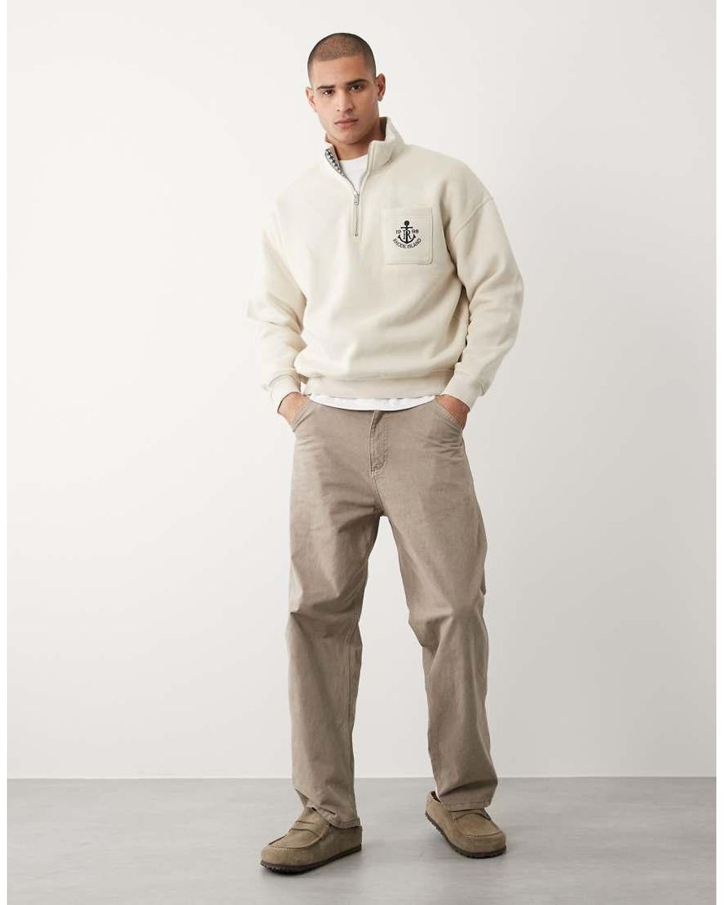 Abercrombie & Fitch Natural Quarter Zip Sweatshirt With Embroidered Pocket for men