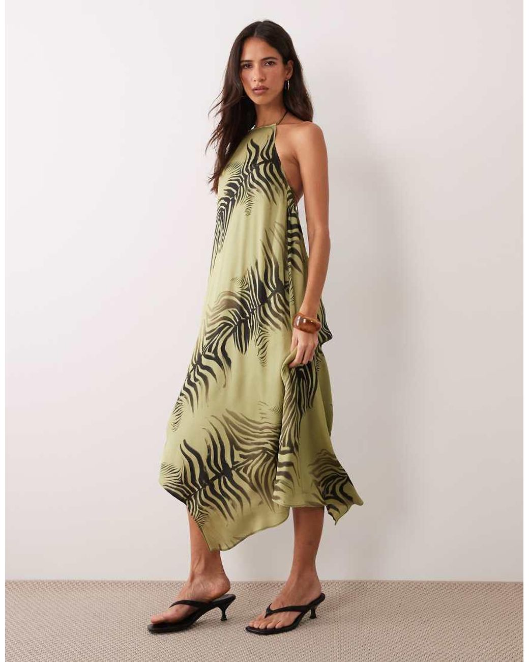 ASOS Natural Halter Neck Midi Dress With High Low Hem