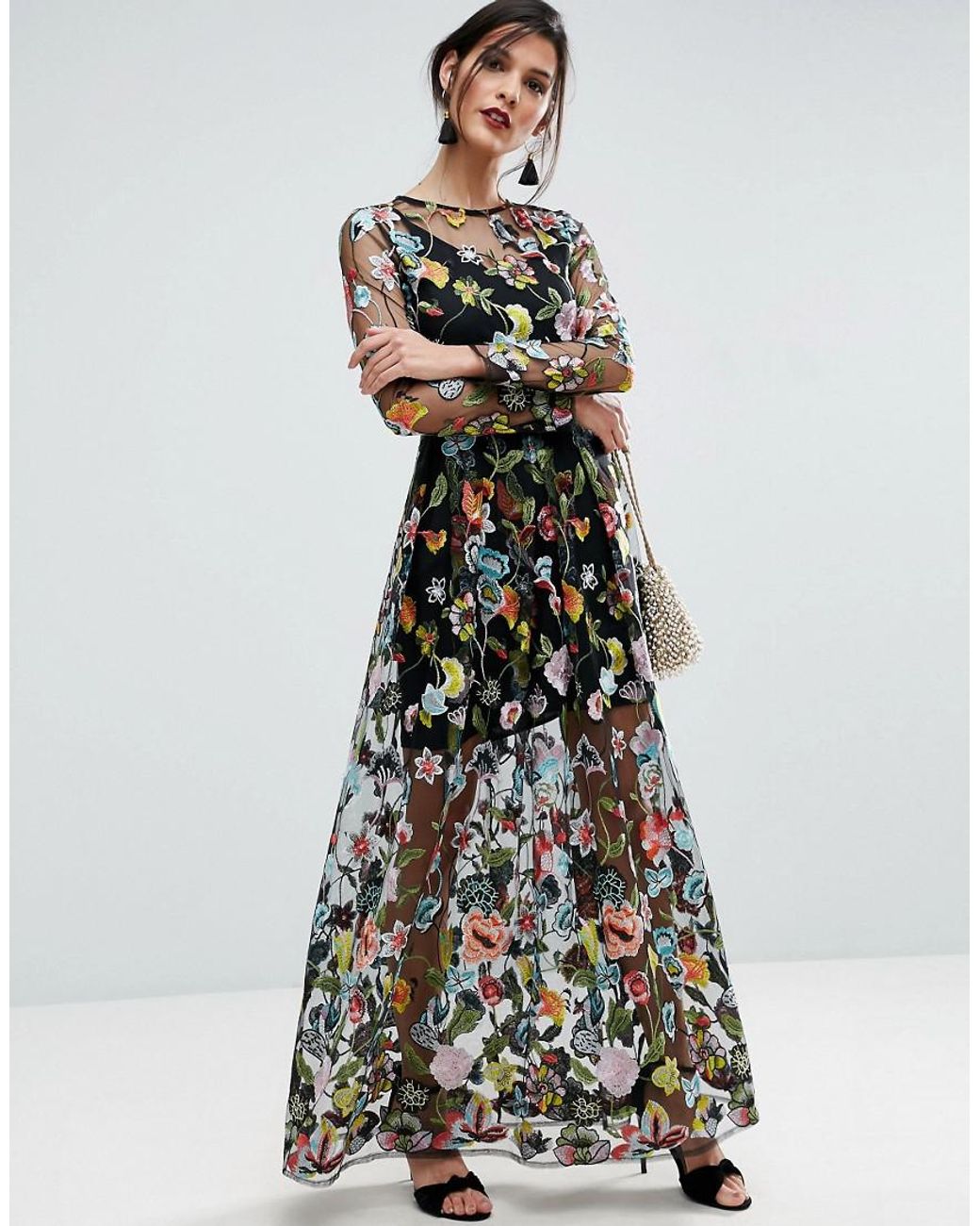 ASOS Salon Embroidered Sheer Maxi Dress Lyst