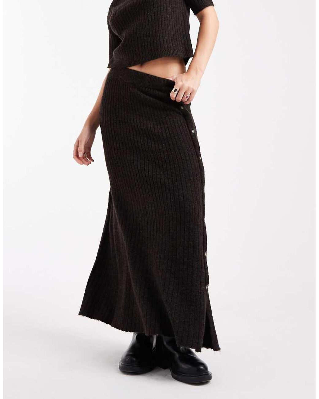 Vero Moda Black Ribbed Knit Button Side Midi Skirt
