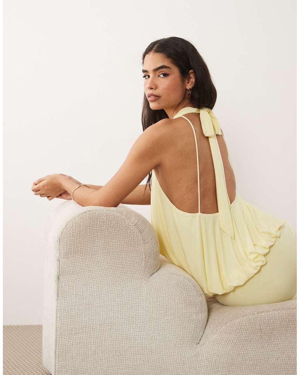 TFNC London Natural Slinky High Neck Halter Detail Backless Maxi Dress