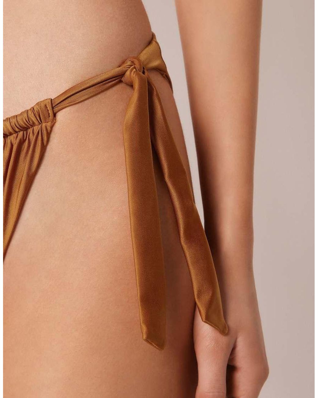 Calzedonia Brown Shiny Satin Briefs Bikini Bottom