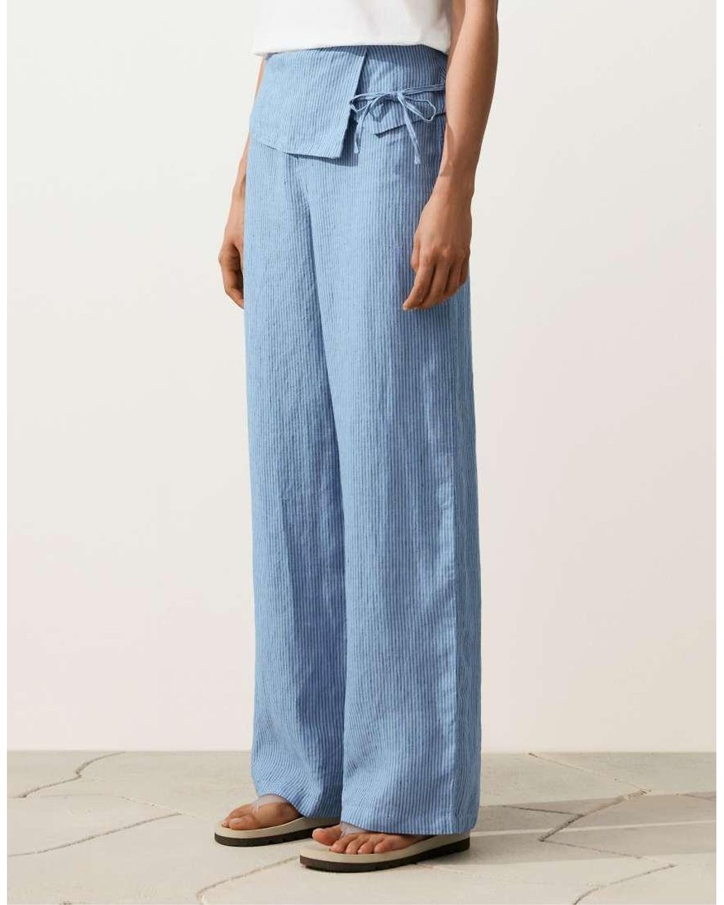 Oysho Blue 100% Linen Straight-leg Trousers With Turn-up Waist