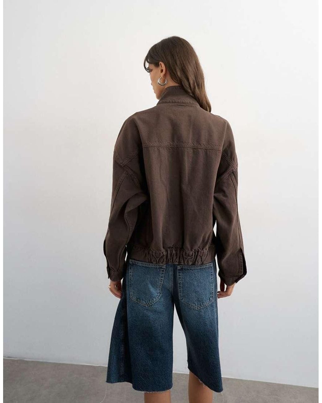 TOPSHOP Brown Denim Funnel Neck Jacket With Waist Detail