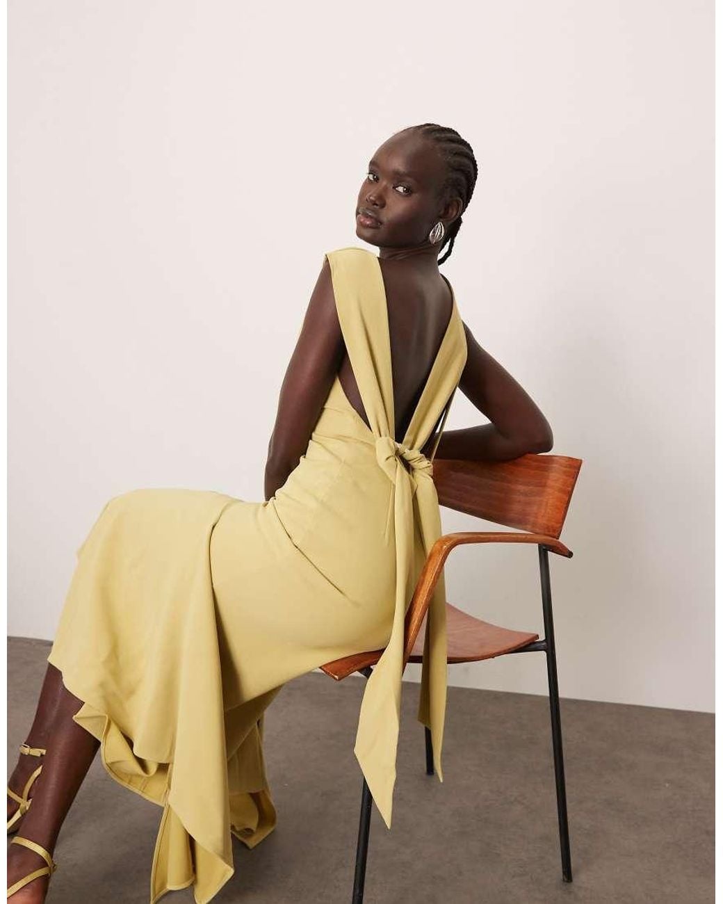 ARRANGE Natural Drape Neck Square Hem Open Back Midi Dress With Trim Detail