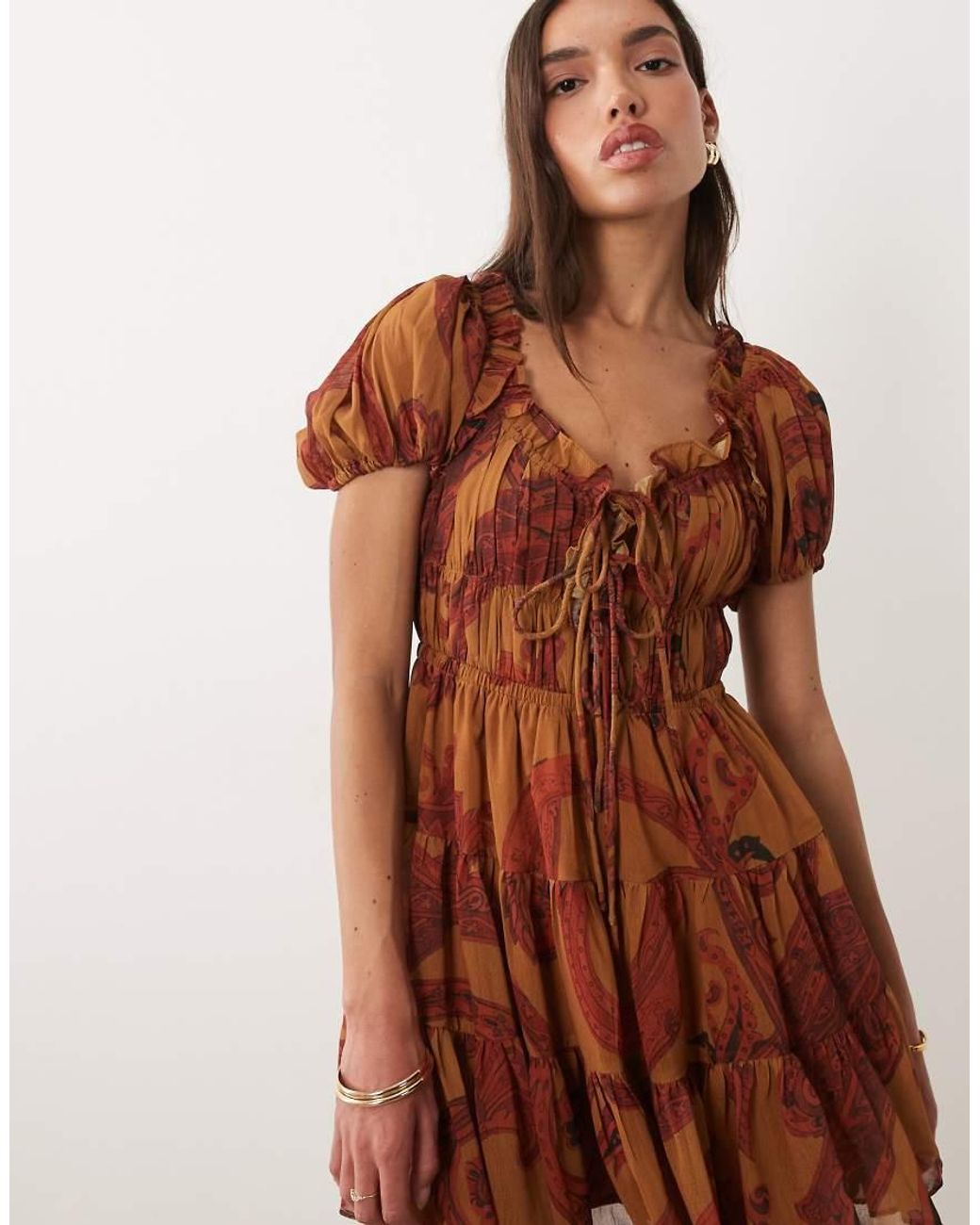 ASOS Brown Boho Ruffle Puff Sleeve Mini Dress