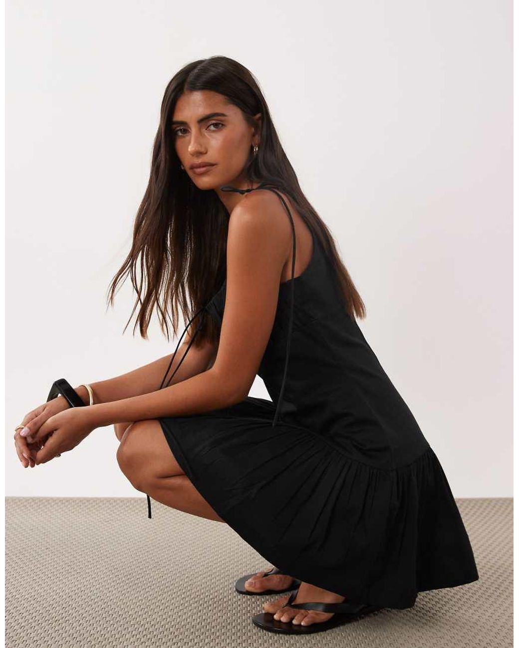 ASOS Black Structured Cotton Sateen Tie Bust Dropped Waist Mini Sundress
