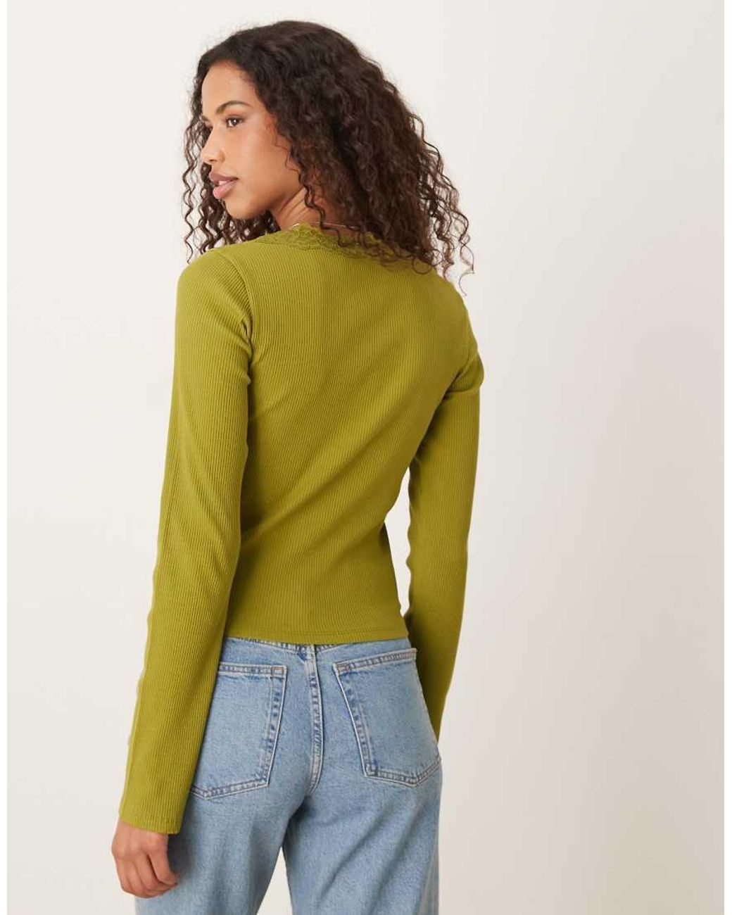 ASOS Green Ribbed Round Neck Long Sleeve Top With Lace Trim In