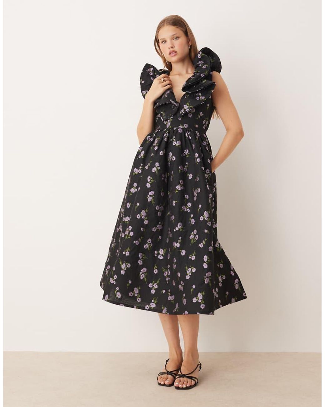 True Decadence Black Ruffle Midi Dress