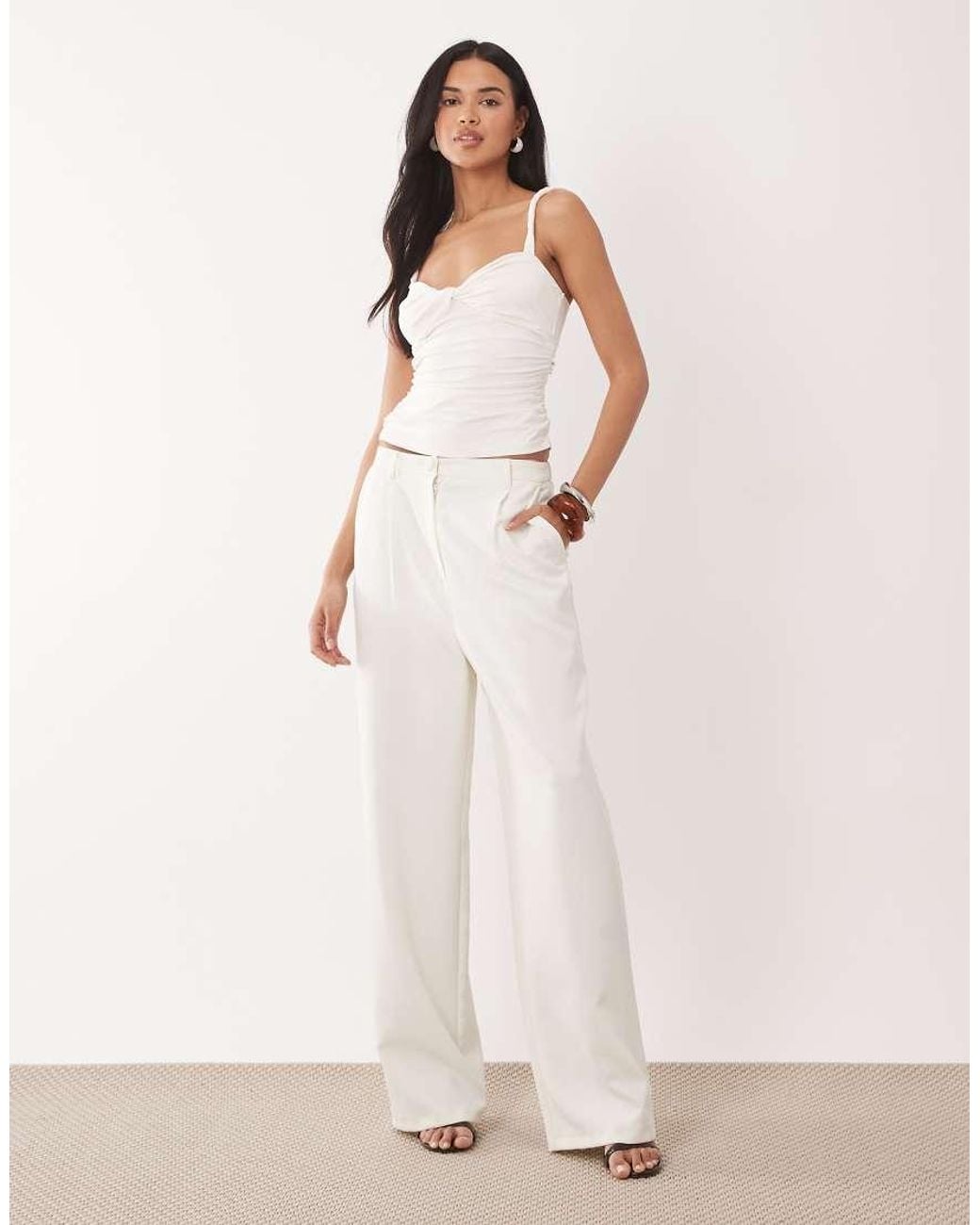 ASOS White Polyamide Twisted Strap Knot Front Ruched Top