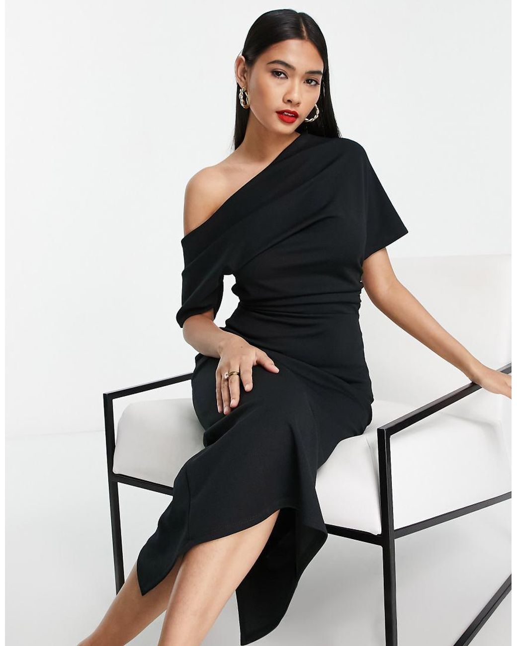 ASOS Black Pleated Shoulder Pencil Midi Dress