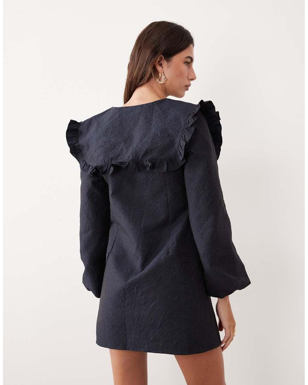 Ghospell Blue Oversized Collar Balloon Sleeve Mini Dress