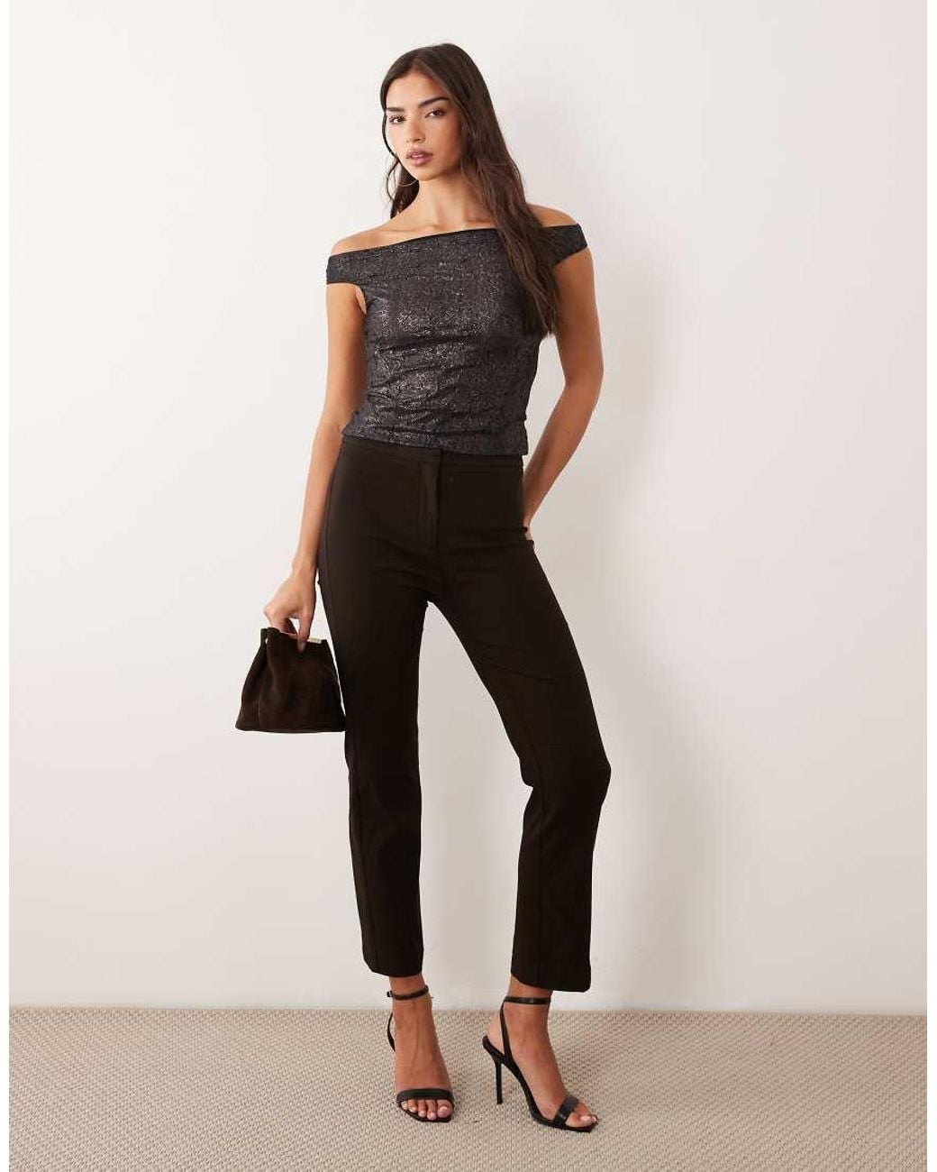 ASOS Black Co-ord Foiled Lace Shoulder Grazer Top