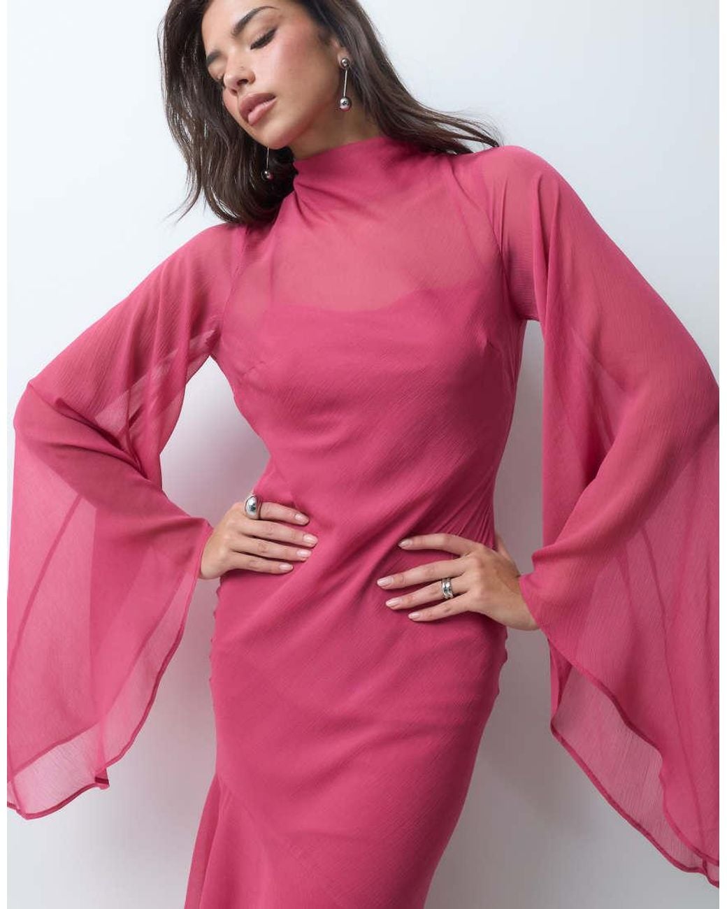 ASOS Pink Flute Sleeve Maxi Dress With Asymmetric Ruffle Hem