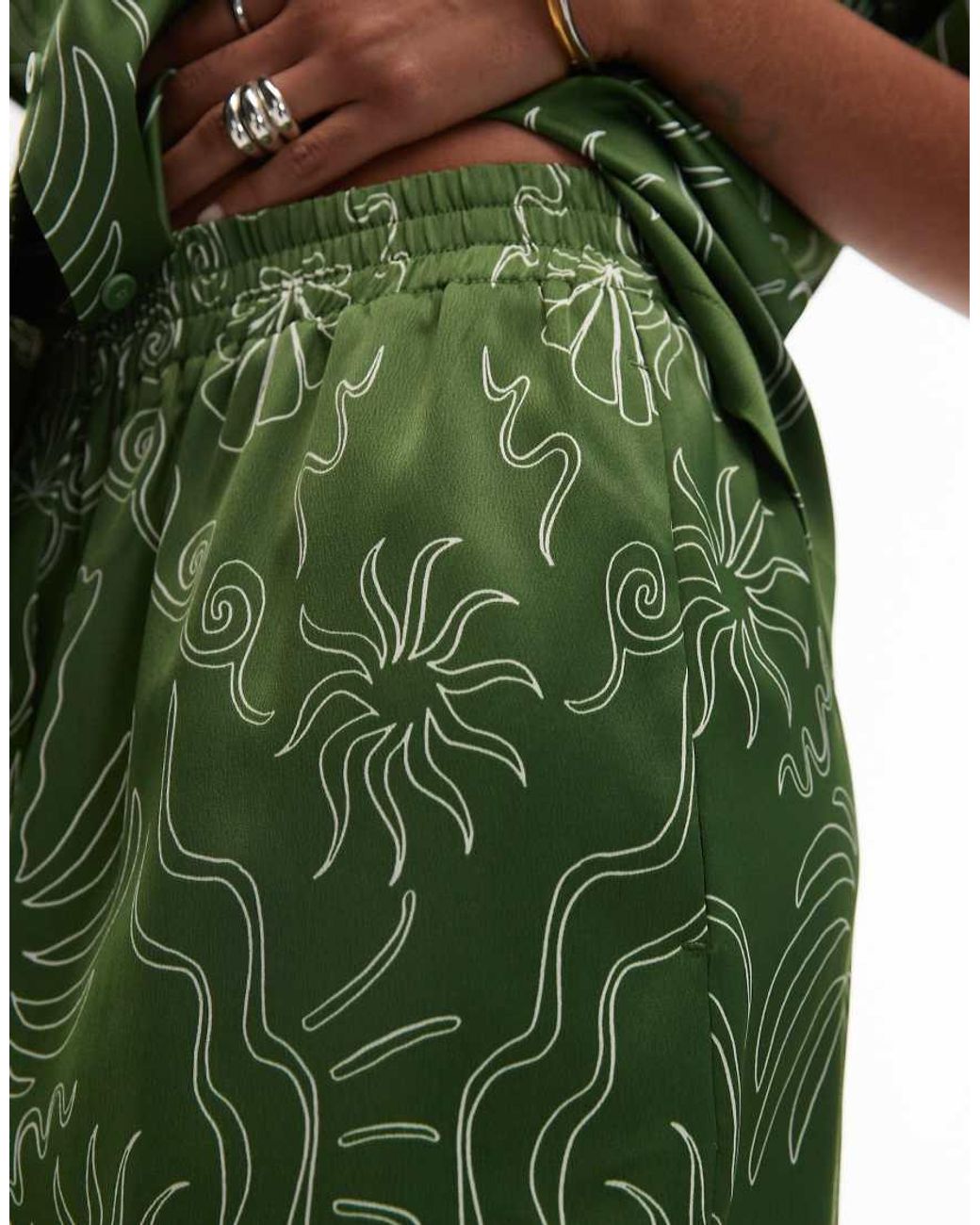 TOPSHOP Green Satin Palm Tree Shorts